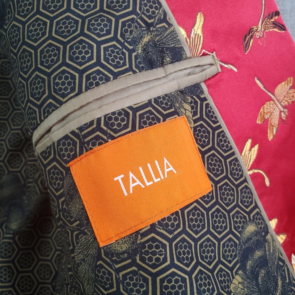 Tallia Blazer Men 48 Red Dragonfly Slim Fit Jacquard Dinner Jacket Metal Button - Picture 8 of 16